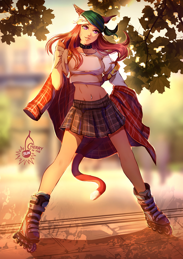 1girl animal_ears backpack bag blurry blurry_background cat_ears cat_tail cherry_in_the_sun collar final_fantasy final_fantasy_xiv full_body head_scarf midriff miqo'te navel orange_hair outdoors parted_lips skirt solo standing tail v'kebbe violet_eyes