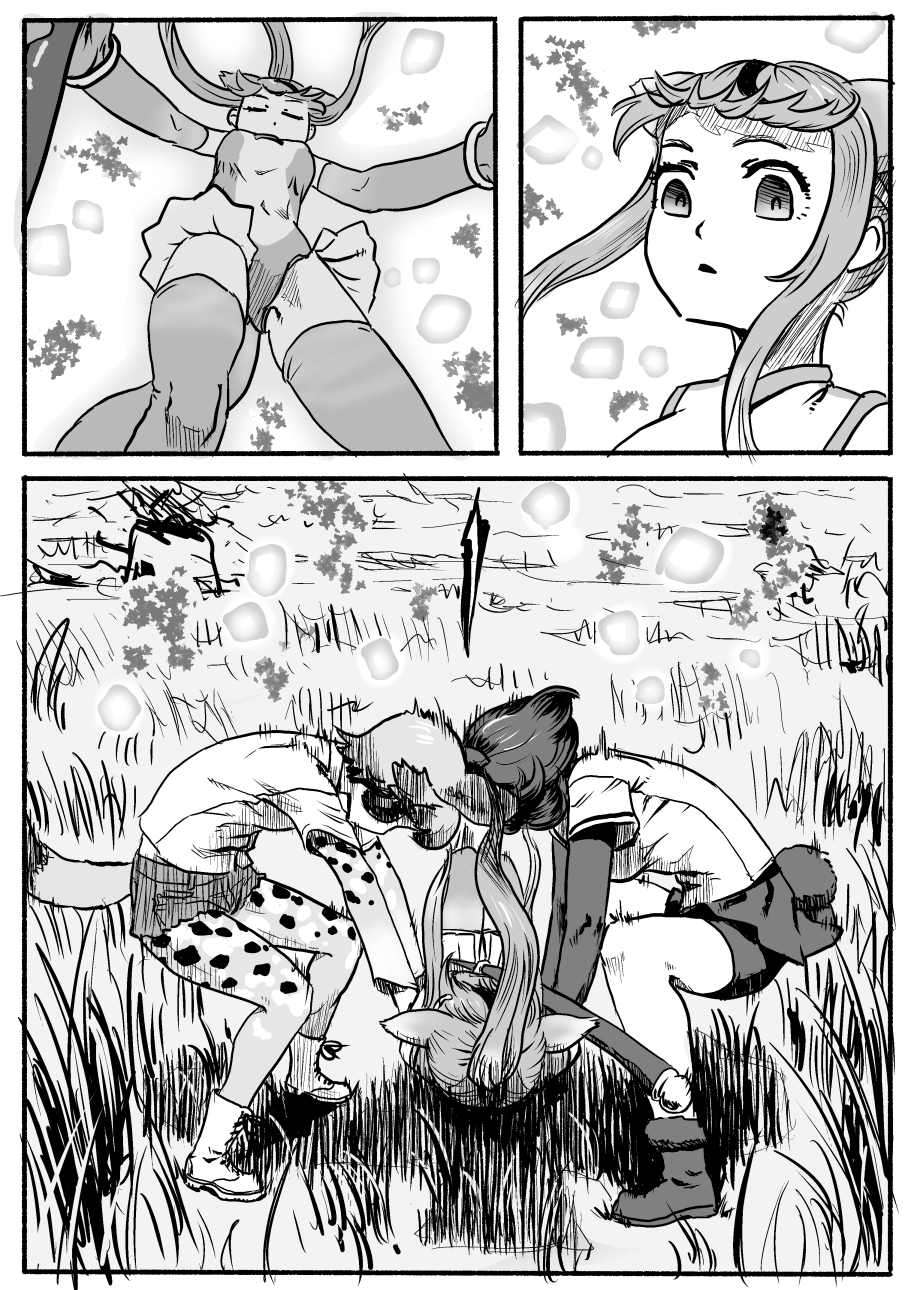 3girls african_wild_dog_(kemono_friends) african_wild_dog_ears african_wild_dog_tail animal_ears bear_ears bear_tail bike_shorts brown_bear_(kemono_friends) catching circlet closed_eyes comic elbow_gloves falling gloves golden_snub-nosed_monkey_(kemono_friends) greyscale highres holding holding_staff holding_weapon kemono_friends kishida_shiki leotard long_hair monkey_ears monkey_tail monochrome motion_lines multiple_girls outdoors pantyhose ponytail shirt short_hair shorts shorts_under_skirt skirt staff tail weapon