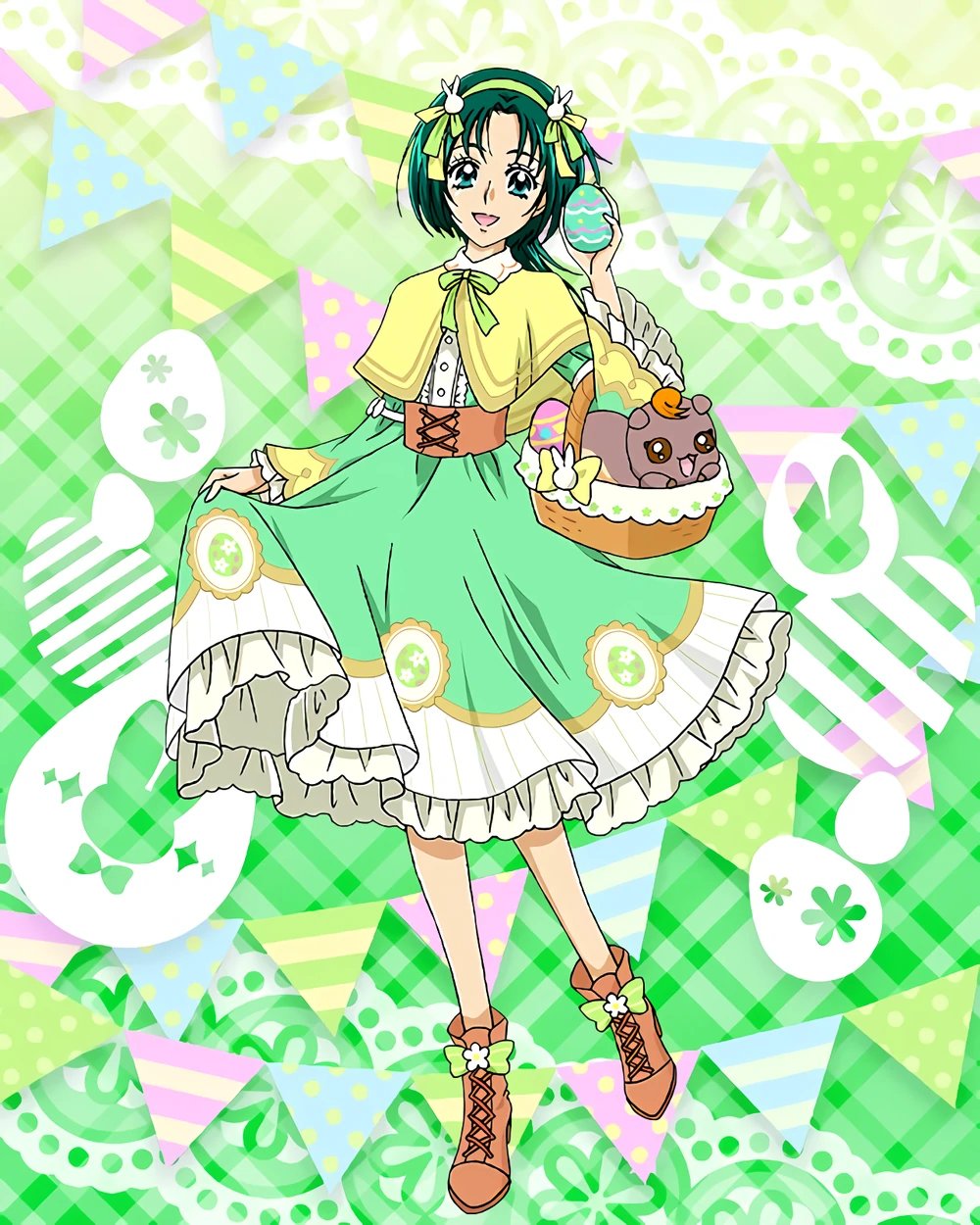 1girl akimoto_komachi bangs basket brown_footwear capelet corset cross-laced_footwear dress easter easter_egg egg full_body green_dress green_eyes green_hair green_headband headband highres long_hair nuts_(yes!_precure_5) official_art open_mouth parted_bangs precure precure_connection_puzzlun skirt_hold smile solo third-party_source yellow_capelet yes!_precure_5