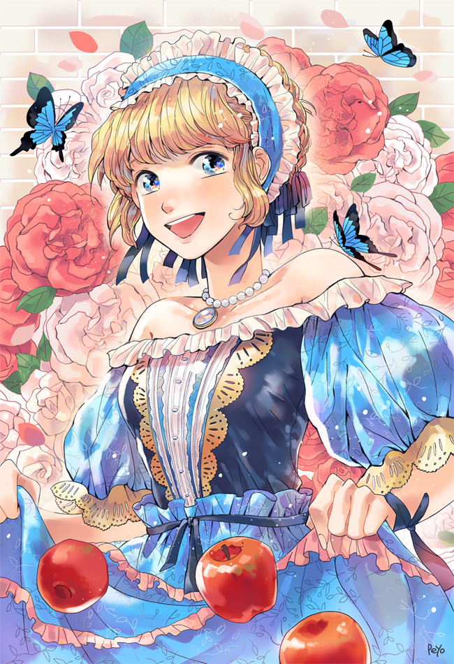1girl apple artist_name bare_shoulders blonde_hair blue_butterfly blue_dress blue_eyes blue_ribbon breasts butterfly curtsey dress flower food fruit grin hair_ribbon jewelry leaf looking_at_viewer maid_headdress medium_breasts necklace open_mouth pearl_necklace peyo_han puffy_short_sleeves puffy_sleeves red_rose ribbon rose short_hair short_sleeves smile solo white_rose