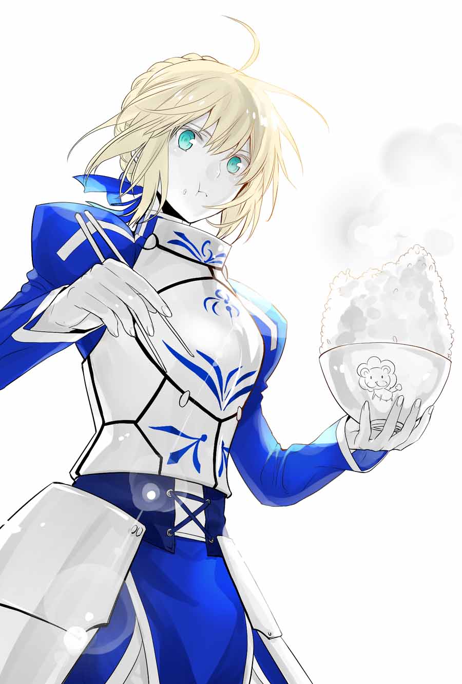 1girl ahoge armor armored_dress artoria_pendragon_(all) blonde_hair bowl breastplate chopsticks fate/grand_order fate/stay_night fate_(series) food food_on_face green_eyes hair_bun hair_ribbon halyou highres holding holding_bowl lion pauldrons ribbon rice rice_on_face saber solo