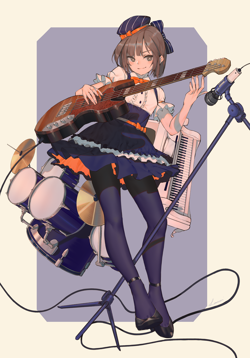 1girl bangs beret black_shoes blouse blue_legwear blue_skirt brown_eyes brown_hair closed_mouth drum drum_set electric_guitar frilled_sleeves frills guitar hand_up hat high-waist_skirt high_heels holding holding_instrument instrument lanzi_(415460661) legs_apart looking_at_viewer microphone microphone_stand music original pantyhose piano playing_instrument puffy_short_sleeves puffy_sleeves shoes short_hair short_sleeves sidelocks skirt smile solo tsurime underbust upright_piano white_blouse