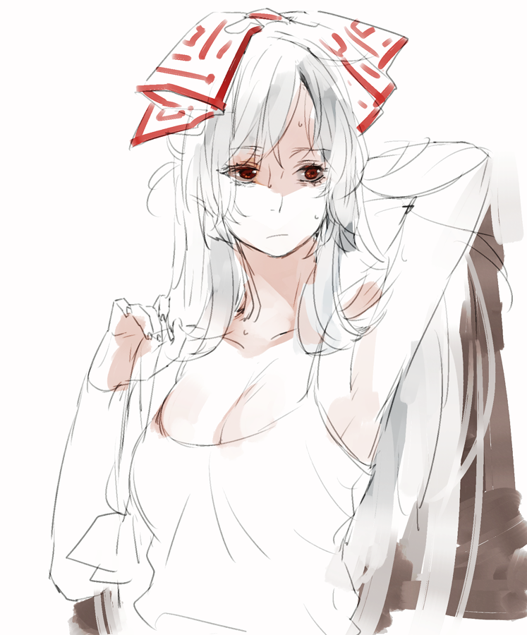 1girl alternate_costume asakura_noi breasts cleavage fujiwara_no_mokou hair_ribbon long_hair ofuda red_eyes ribbon sketch solo sweat tank_top touhou white_background white_hair