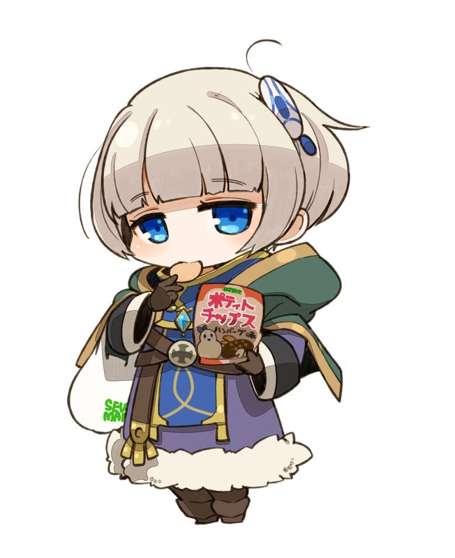 1girl bangs blue_eyes blush chibi eating food hair_ornament hood looking_at_viewer meteora_osterreich mota re:creators short_hair silver_hair solo white_hair