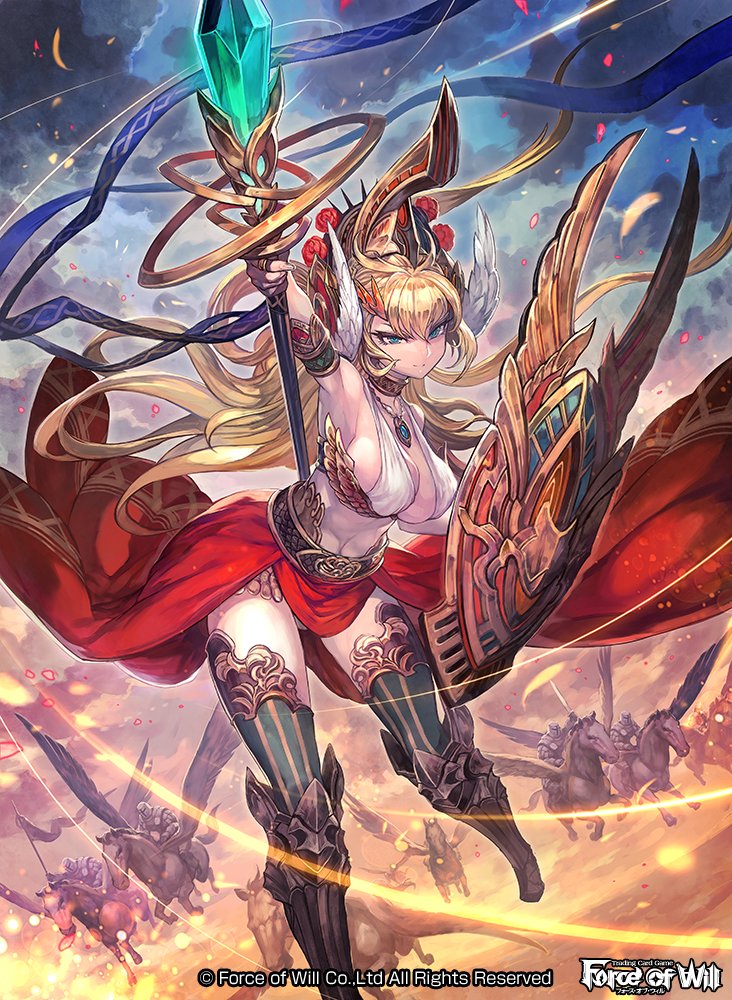 1girl armor armored_boots blonde_hair blue_eyes boots breasts clouds cloudy_sky copyright_name faceless faceless_male feathered_wings feathers flower force_of_will helmet lack large_breasts long_hair navel official_art pegasus polearm rose shield sky solo spear staff sword thigh-highs weapon wings