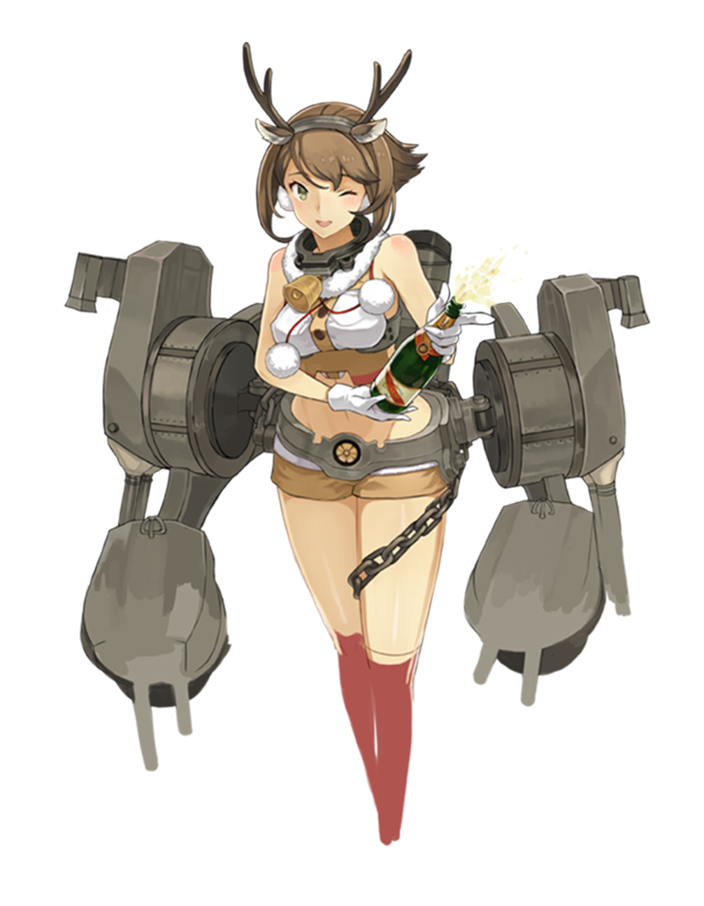 1girl adapted_costume animal_costume bangs bell bottle breasts brown_hair brown_shorts chains collar cosmic_(crownclowncosmic) fake_antlers fur_trim gloves green_eyes highres holding holding_bottle kantai_collection kneehighs looking_at_viewer medium_breasts metal_belt midriff mutsu_(kantai_collection) navel official_style one_eye_closed parody red_legwear reindeer_costume rigging shizuma_yoshinori_(style) short_hair short_shorts shorts simple_background smokestack solo style_parody turret upper_body white_background white_gloves