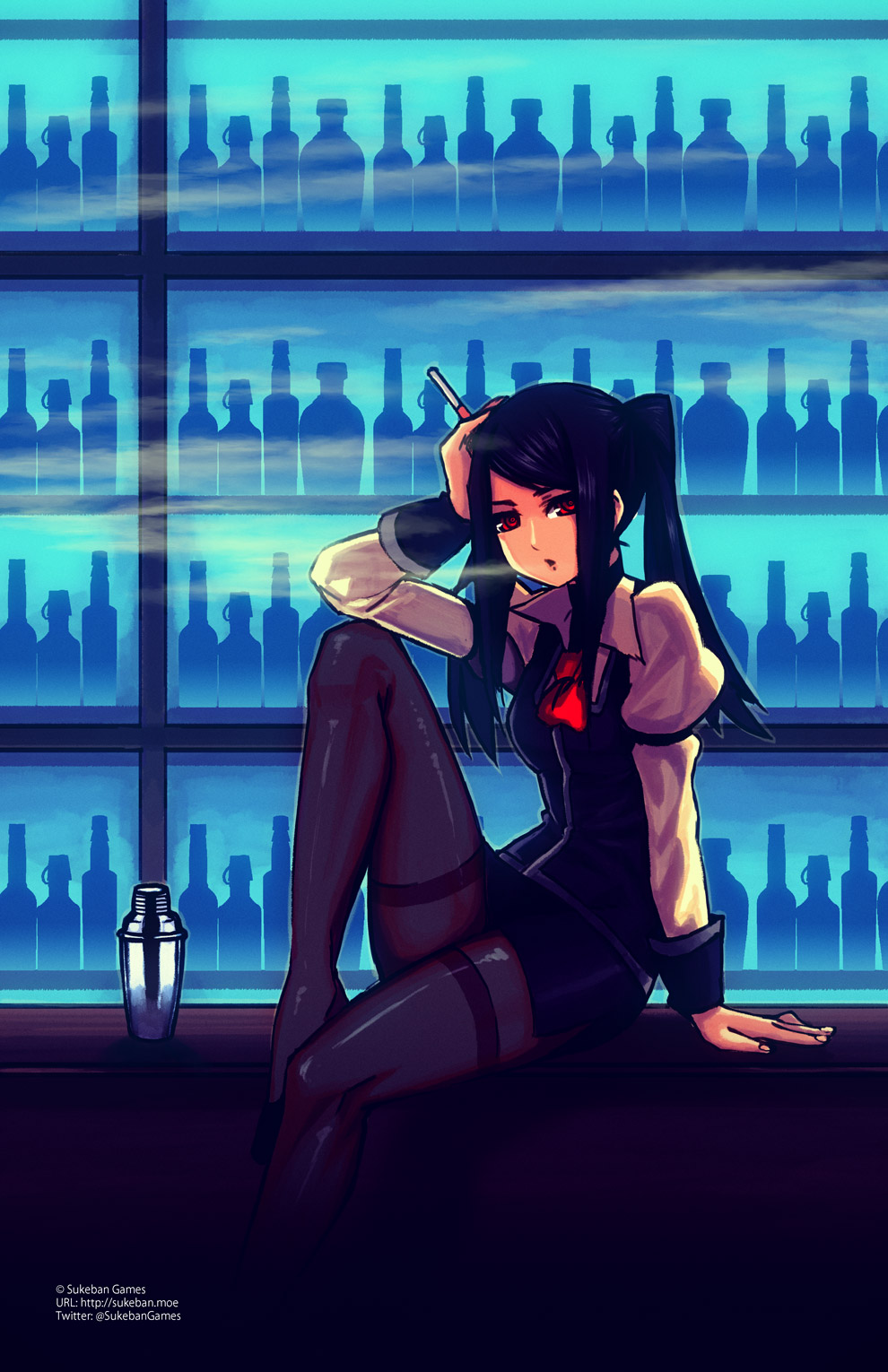1girl arm_support bangs bar bartender black_hair black_legwear black_shoes black_skirt blowing_smoke bottle breasts cigarette cocktail_shaker collared_shirt commentary copyright_name from_side hand_on_own_head high_heels highres julianne_stingray kiririn51 long_sleeves looking_at_viewer medium_breasts pantyhose parted_lips puffy_long_sleeves puffy_sleeves red_eyes shirt shoes silhouette sitting skirt smoke smoking solo swept_bangs thighband_pantyhose twintails twitter_username va-11_hall-a watermark web_address white_shirt wing_collar
