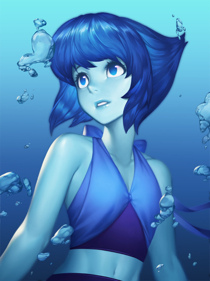 1girl bare_shoulders bling_(wnsdud34) blue blue_eyes blue_hair blue_lips blue_skin lapis_lazuli_(steven_universe) looking_up midriff navel parted_lips short_hair solo steven_universe underwater