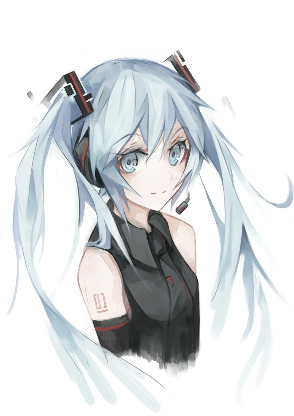 1girl black_necktie black_shirt blue_eyes blue_hair detached_sleeves eyebrows_visible_through_hair floating_hair gyup91 hair_between_eyes hatsune_miku headphones highres looking_at_viewer microphone necktie number shirt simple_background sleeveless sleeveless_shirt smile solo tattoo twintails upper_body vocaloid white_background
