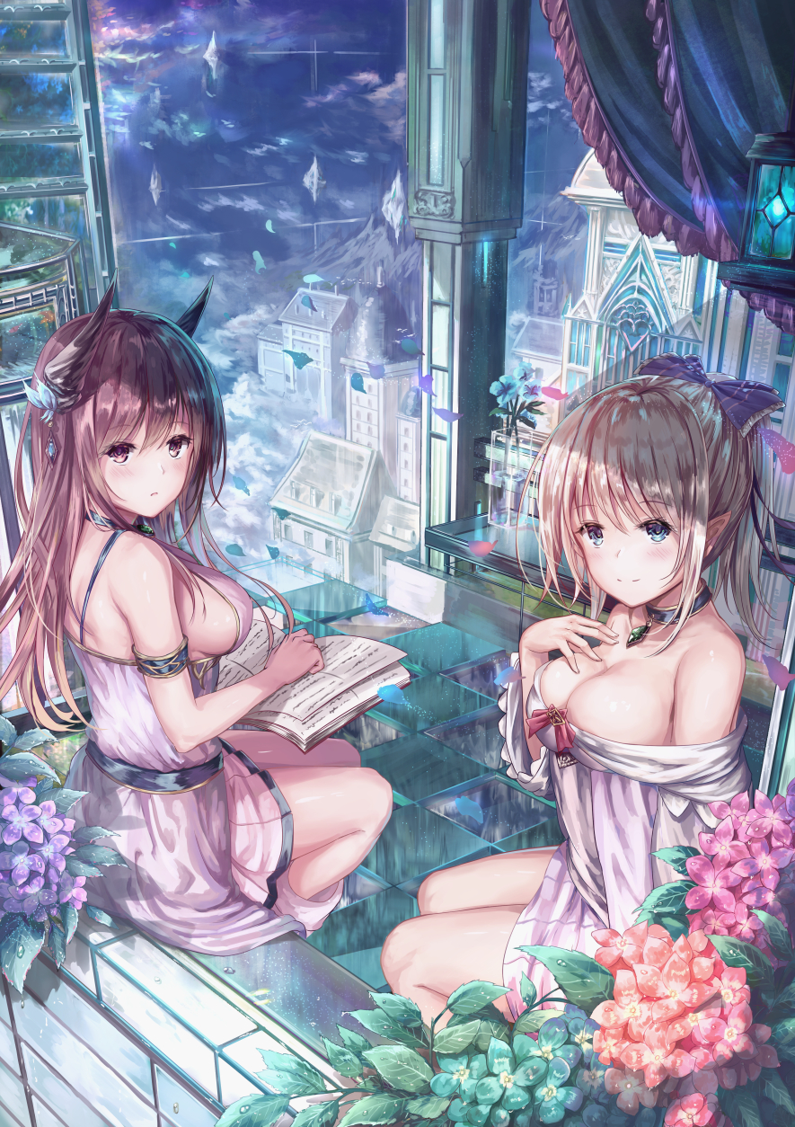 2girls bangs bare_shoulders blonde_hair blue_bow blue_eyes book bow breasts brown_eyes brown_hair cleavage collar curtains day dress eyebrows_visible_through_hair fantasy flower hair_bow hair_ornament hand_on_own_chest hand_up highres horns hydrangea large_breasts legs_together looking_at_viewer multiple_girls open_book original outdoors sidelocks sitting tama_satou white_dress