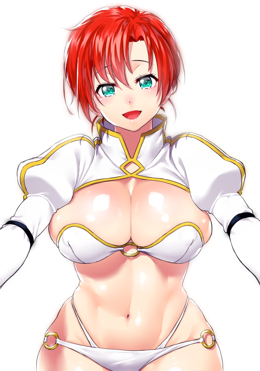 1girl :d asymmetrical_bangs bangs blush boudica_(fate/grand_order) bra breasts cleavage eyebrows_visible_through_hair fate/grand_order fate_(series) green_eyes highres juliet_sleeves large_breasts long_sleeves looking_at_viewer navel o-ring_bottom o-ring_top onsoku_maru open_mouth panties parted_bangs puffy_sleeves redhead short_hair simple_background smile solo toned underwear upper_body white_background white_bra white_panties