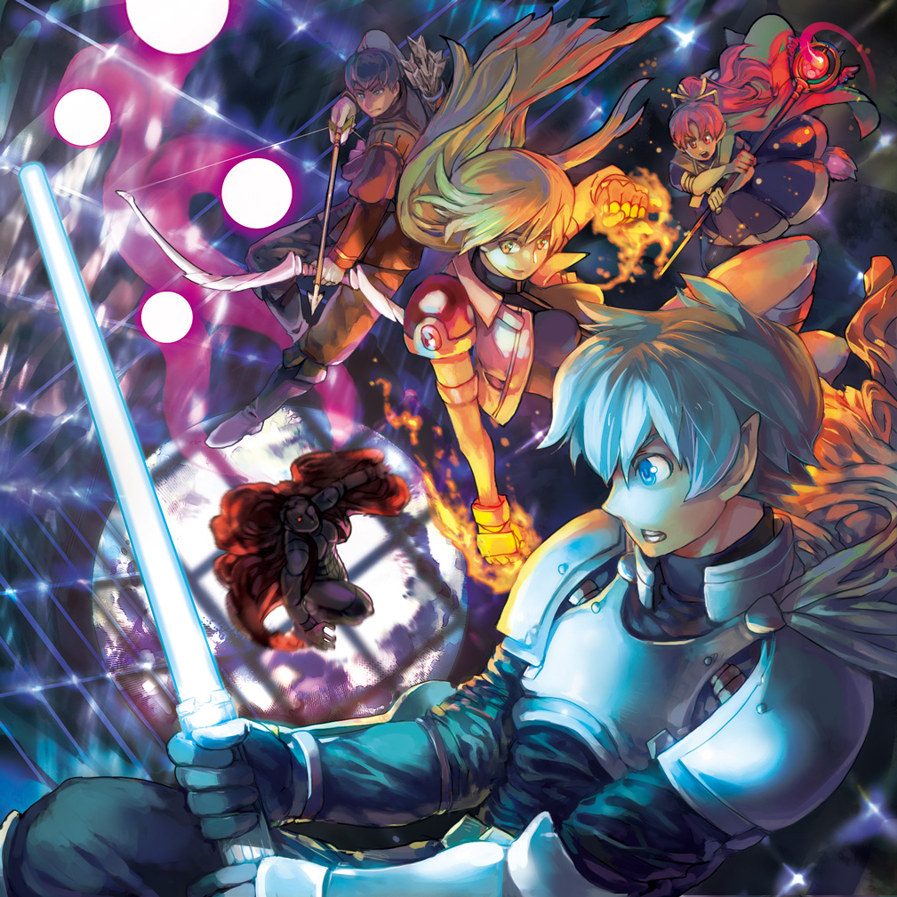 2boys 2girls armor arrow black_hair blonde_hair blue_eyes blue_hair boots bow_(weapon) burning_hand cape character_request dress fingerless_gloves gloves green_cape grey_eyes holding holding_sword holding_weapon ilia_silvestri long_hair midair millie_chliette multiple_boys multiple_girls pink_hair pointy_ears purple_dress quiver red_cape red_eyes roddick_farrence ronixis_kenni staff star_ocean star_ocean_first_departure sword tanokura_mon weapon yellow_eyes