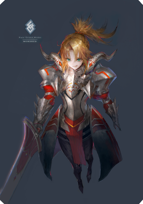 1girl armor blonde_hair cowter fate/apocrypha fate_(series) from_above full_body gauntlets gorget grin kera_(ggg33) pauldrons plackart ponytail saber_of_red simple_background smile solo standing sword weapon wind