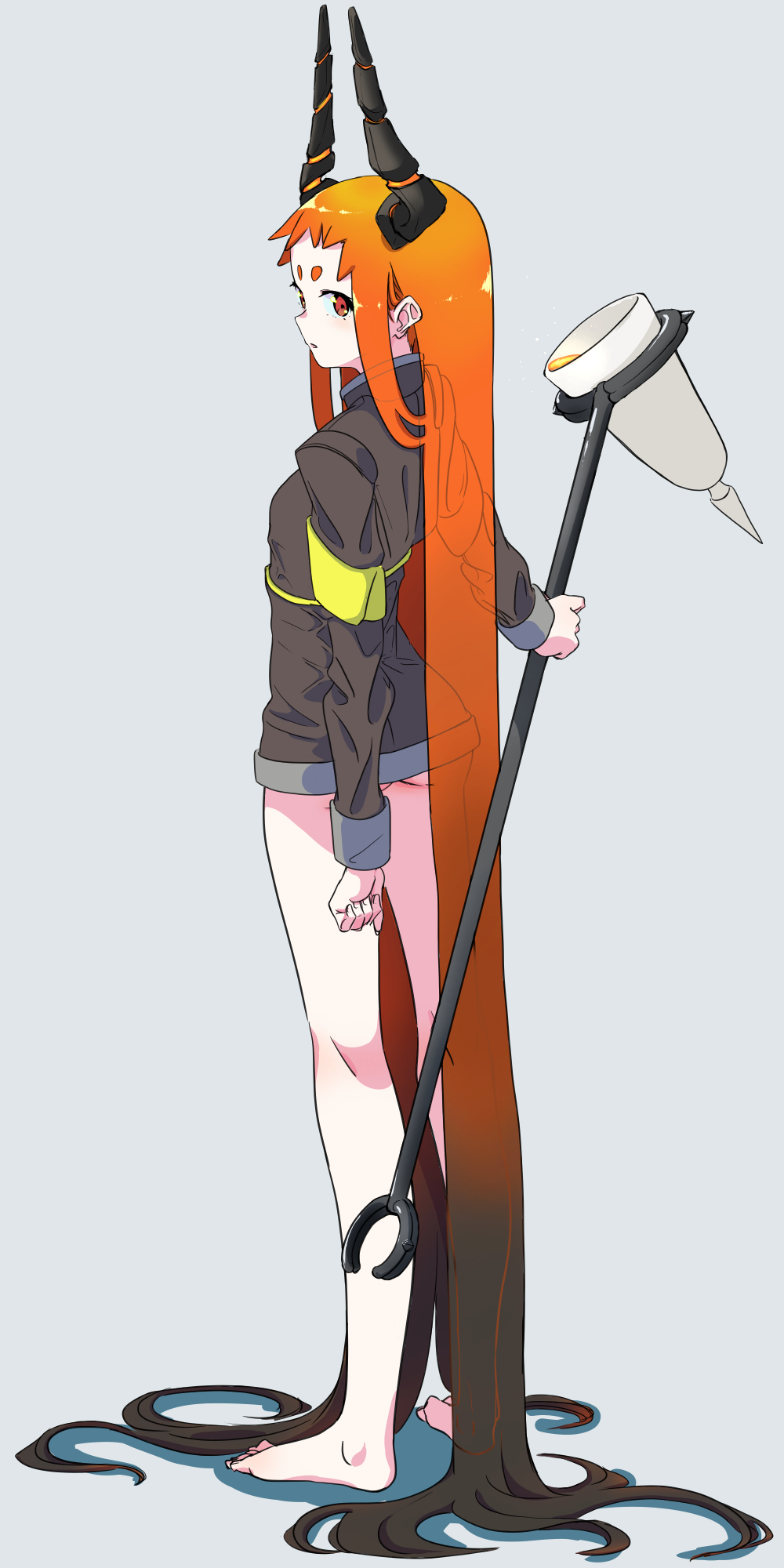 1girl absurdly_long_hair ass black_hair black_jacket bottomless bouen gradient_hair highres horns jacket long_hair looking_at_viewer looking_back multicolored_hair open_mouth orange_hair original see-through sidelocks solo standing thick_eyebrows thighs very_long_hair