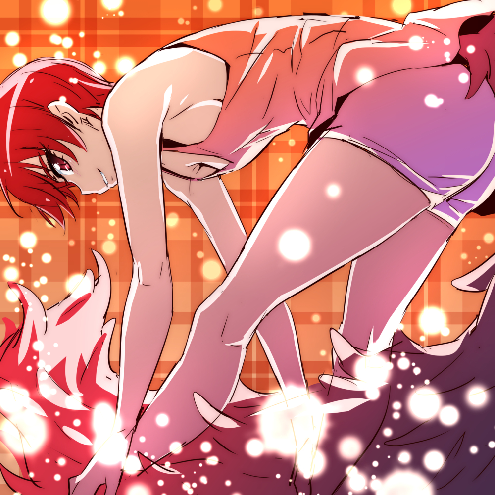 1girl bent_over breasts grin kenjou_akira kirakira_precure_a_la_mode looking_at_viewer looking_back medium_breasts nakahira_guy precure red_eyes redhead shirt short_hair shorts sideboob smile solo standing stretch tail tank_top very_short_hair white_shirt white_shorts