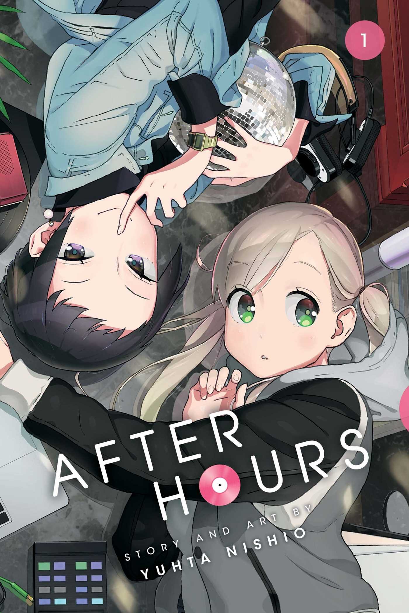 (stag) 2girls after_hours black_hair blonde_hair denim denim_jacket disco_ball earrings english green_eyes headphones highres hood hoodie jewelry macbook multiple_girls official_art sleeveless sleeveless_hoodie violet_eyes watch watch yuri