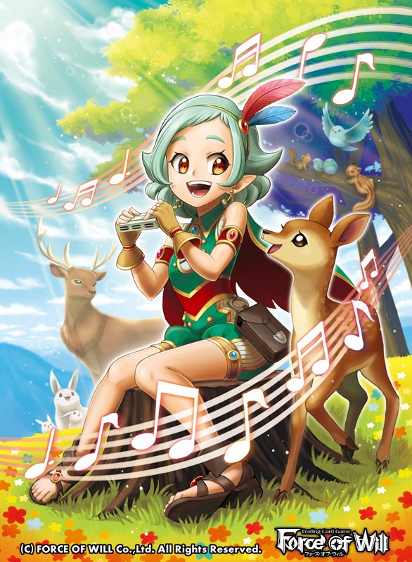 1girl bare_shoulders bird cape clouds copyright_name day deer earrings feathers flower force_of_will grass green_hair hairband jewelry leaf musical_note official_art open_mouth orange_eyes rabbit sakuma_sanosuke sandals sitting sky solo sparkle squirrel teeth tree