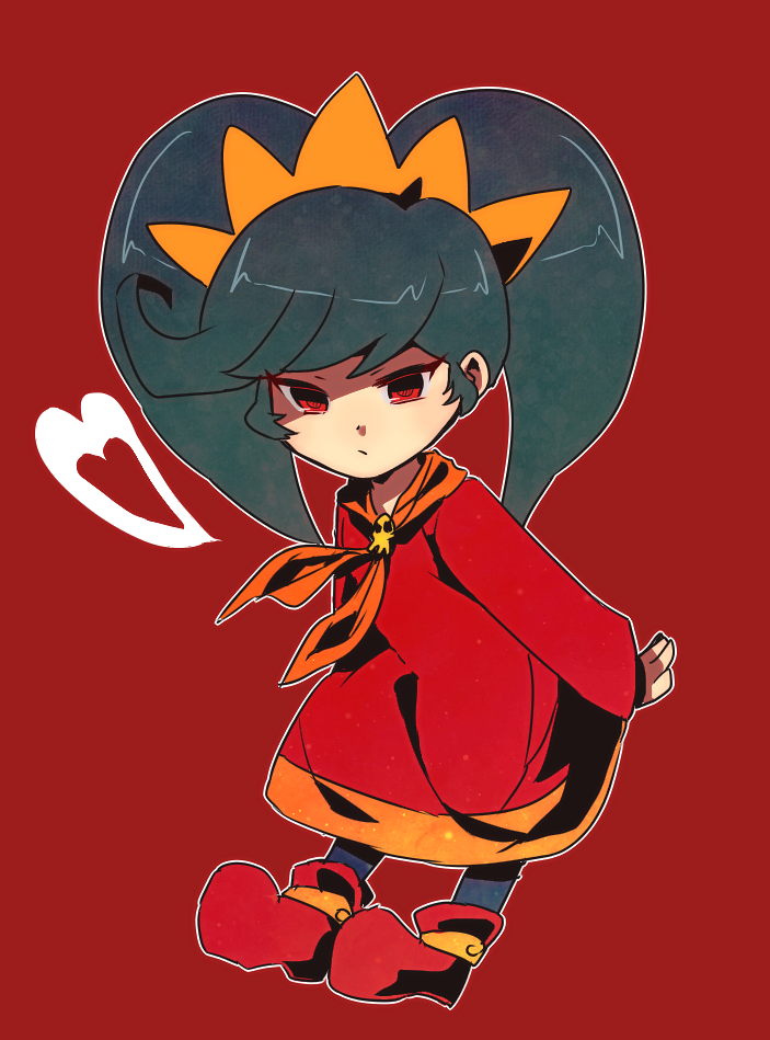 1girl arms_behind_back asatami_(pixiv6025254) ashley_(warioware) bangs big_hair black_legwear closed_mouth commentary_request dress flat_chest full_body hairband heart long_hair long_sleeves looking_at_viewer neckerchief orange_hairband orange_neckerchief outline pantyhose red_background red_dress red_eyes red_shoes shoes simple_background skull solo standing twintails warioware white_outline
