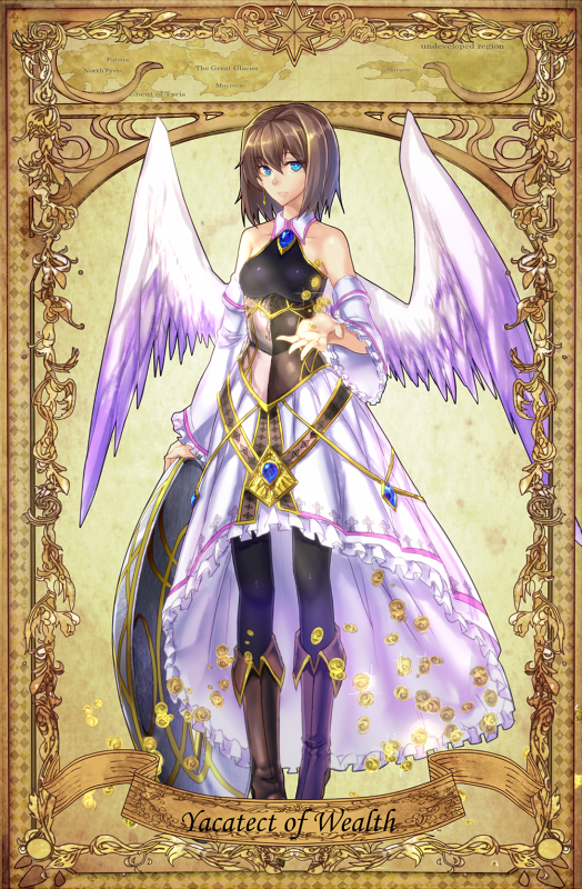 bare_shoulders blue_eyes boots coin dress elona goddess short_hair wings yacatect_of_wealth