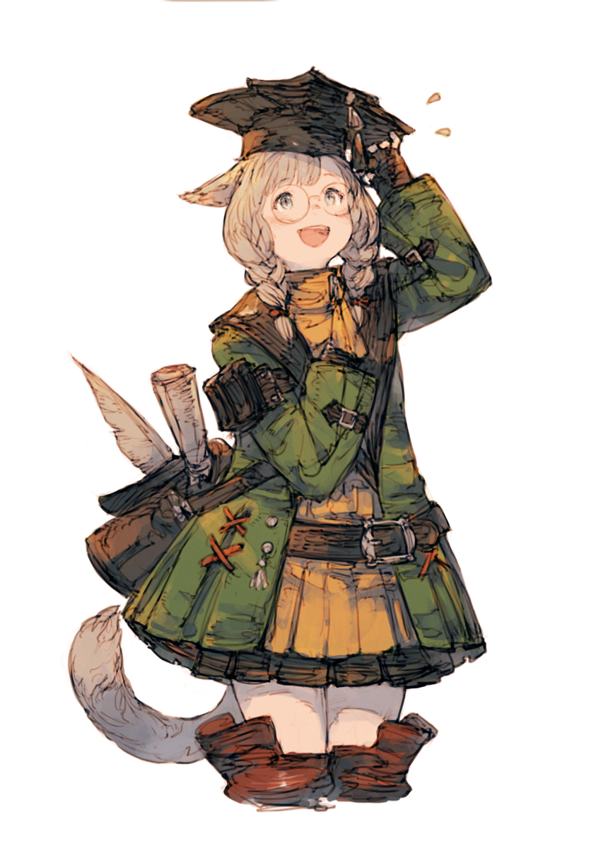 /\/\/\ :d animal_ears ascot bag belt black_gloves black_skirt braid brown_eyes brown_hair cat_ears cat_tail coat commentary_request cowboy_shot cropped_legs final_fantasy final_fantasy_xiv fingerless_gloves glasses gloves green_coat hand_on_headwear hat highres junwool long_hair long_sleeves looking_up miqo'te mortarboard open_clothes open_coat open_mouth pleated_skirt round_glasses scroll simple_background skirt slit_pupils smile standing tail twin_braids white_background