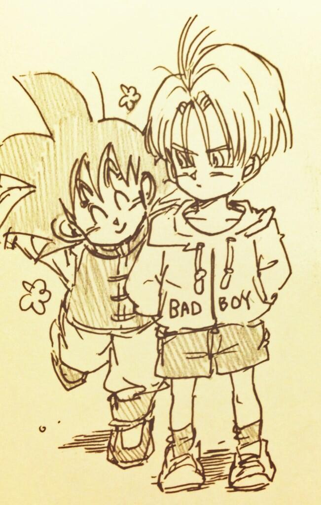 2boys black_hair chinese_clothes closed_eyes dragon_ball dragonball_z expressionless eyebrows_visible_through_hair flower hand_in_pocket happy jacket looking_at_another male_focus monochrome multiple_boys one_leg_raised shadow shoes short_hair shorts simple_background smile socks son_goten text tkgsize trunks_(dragon_ball) walking