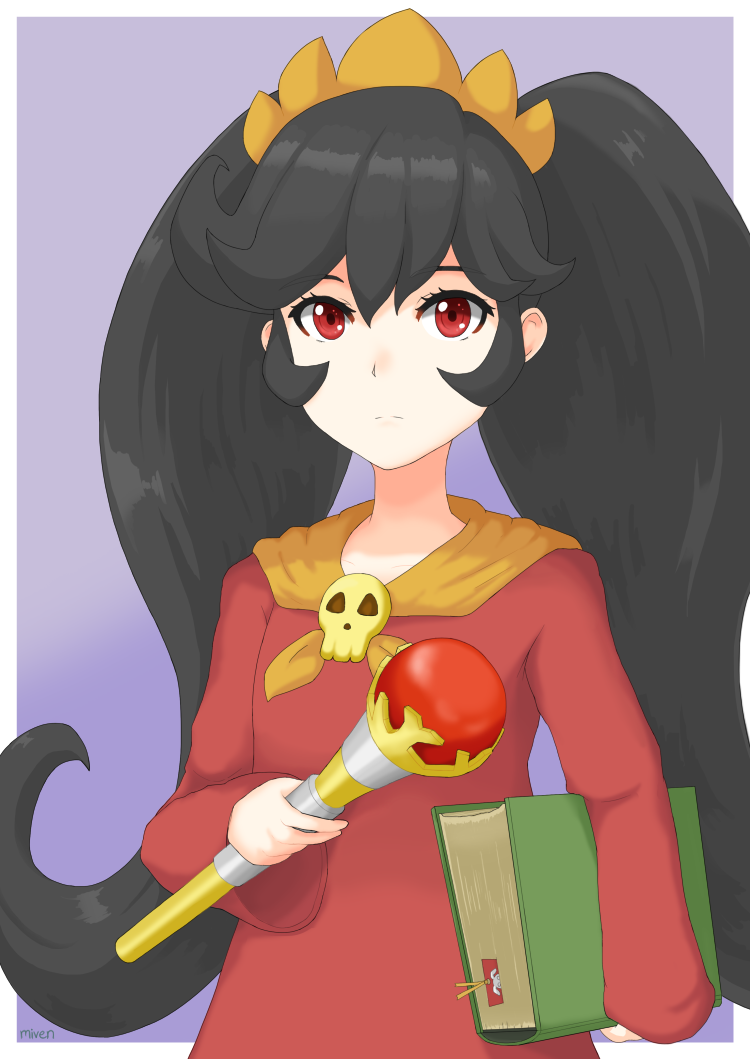 1girl ashley_(warioware) bangs big_hair black_hair book bookmark closed_mouth collarbone commentary dress expressionless flat_chest hairband holding holding_book holding_staff long_hair long_sleeves looking_at_viewer miven neckerchief orange_hairband orange_neckerchief purple_background red_dress red_eyes simple_background skull solo staff twintails upper_body warioware white_border