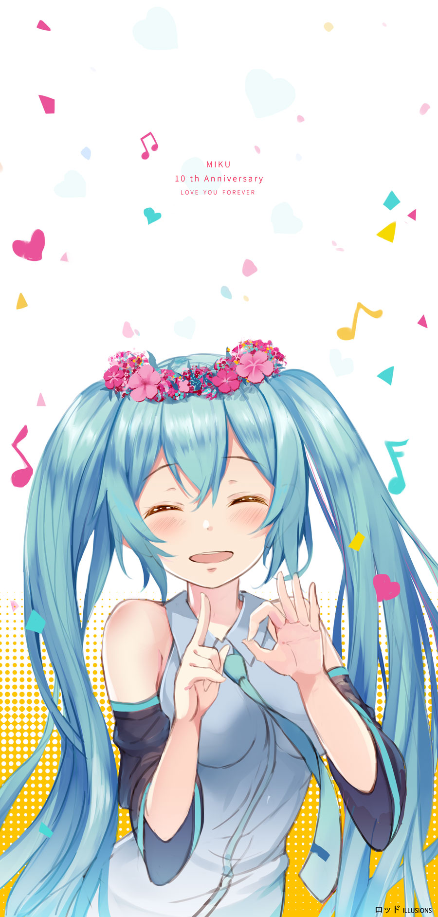 1girl ^_^ aqua_necktie artist_name bangs blue_hair blush breasts character_name closed_eyes detached_sleeves eyebrows_visible_through_hair facing_viewer flower_wreath grey_shirt hair_between_eyes halftone halftone_background hands_up hatsune_miku highres long_hair medium_breasts musical_note necktie open_mouth quaver rods semiquaver shirt sidelocks sleeveless sleeveless_shirt smile solo twintails upper_body very_long_hair vocaloid