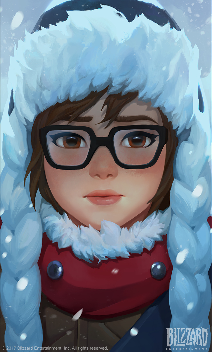 1girl black-framed_eyewear brown_eyes brown_hair face glasses highres jungah_lee lips mei_(overwatch) official_art overwatch snowing solo upper_body