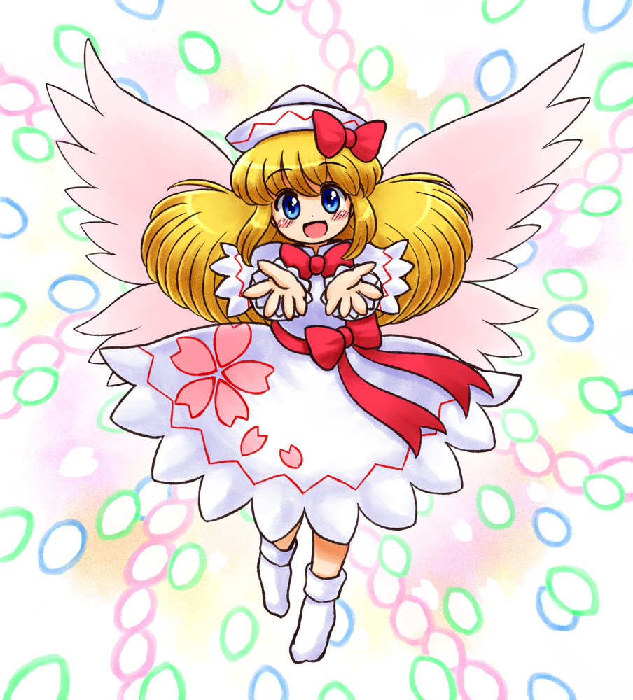 1girl :d bangs blonde_hair blush bobby_socks bow cherry_blossom_print commentary_request danmaku dress eyebrows_visible_through_hair fairy_wings flying hair_bow hat hidden_star_in_four_seasons lily_white long_hair long_sleeves looking_at_viewer multicolored multicolored_background nitamago no_shoes open_mouth outstretched_arms red_bow sash sidelocks smile socks solo touhou white_dress white_hat white_legwear wings