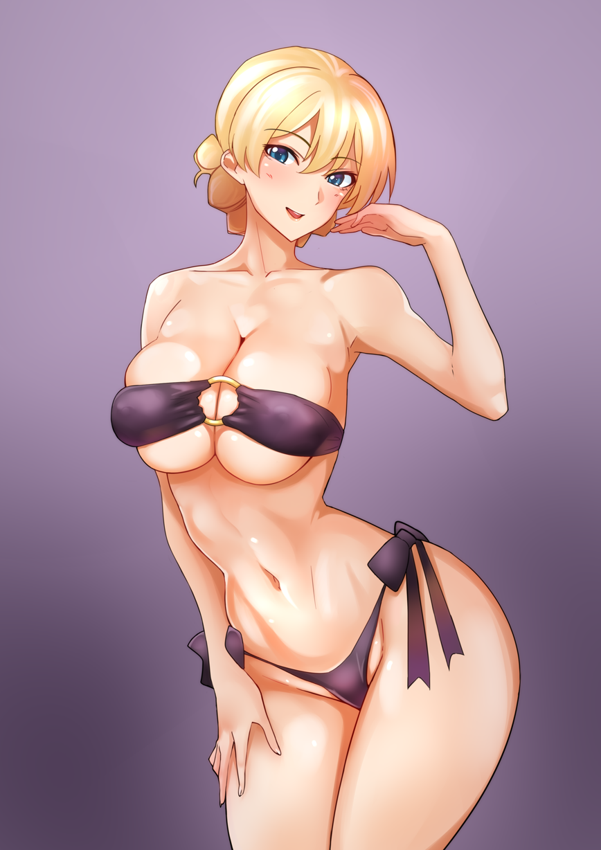 1girl bikini black_bikini blonde_hair blue_eyes bound bound_wrists breasts cleavage darjeeling girls_und_panzer gradient gradient_background highres hips large_breasts long_hair navel o-ring_bikini purple_background side-tie_bikini solo swimsuit thighs webslinger