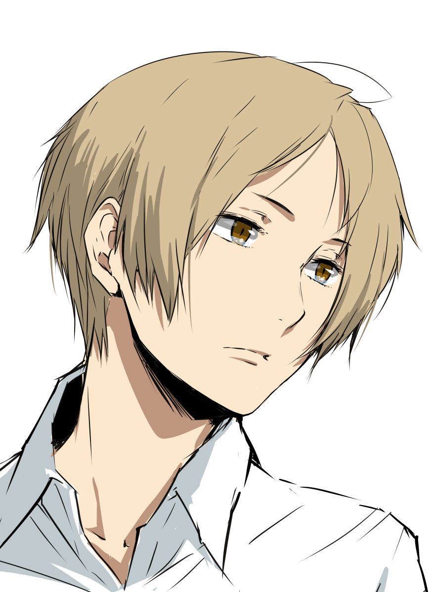 1boy bangs close-up closed_mouth enami_katsumi face light_brown_hair looking_to_the_side male_focus natsume_takashi natsume_yuujinchou portrait shirt simple_background slit_pupils solo white_background white_shirt yellow_eyes