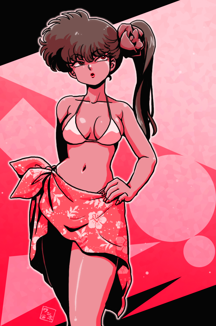 1girl abstract_background black_hair breasts cleavage fingernails floral_print hand_on_hip hips kunou_kodachi limited_palette lips long_hair looking_to_the_side nail_polish navel pink_background ranma_1/2 red_eyes sarong scrunchie side_ponytail signature solo thighs wantan-orz white_bikini_top