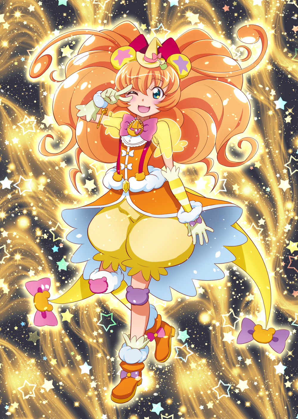 1girl animal_ears ankle_boots bangs bear_ears blouse blue_eyes boots brooch cure_mofurun elbow_gloves eyebrows_visible_through_hair full_body gloves hat highres jewelry long_hair looking_at_viewer mahou_girls_precure! mini_hat mini_witch_hat mofurun_(mahou_girls_precure!) nakahira_guy one_eye_closed open_mouth orange_blouse orange_boots orange_hair overskirt personification precure smile solo standing star starry_background white_gloves witch_hat yellow_bloomers yellow_hat