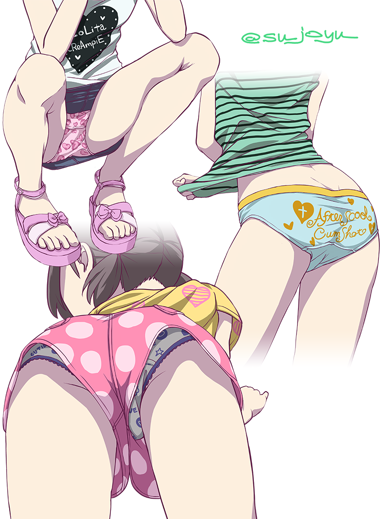 3girls ass blue_panties brown_hair clothes_writing english green_shirt heart heart_panties heart_print leaning_forward low_twintails multiple_girls no_pants original panties pink_footwear pink_panties pink_shorts polka_dot polka_dot_shorts print_panties print_shirt sandals shirt short_shorts short_twintails shorts squatting star star_panties star_print striped striped_shirt sushoyushi twintails twitter_username underwear white_background white_panties white_shirt yellow_shirt