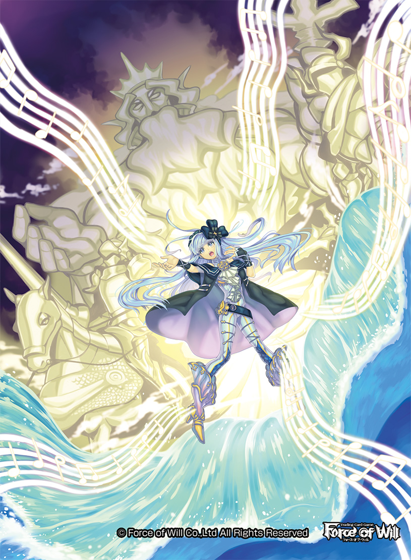 1girl beard belt blue_eyes blue_hair bodysuit boots bow capelet clouds cloudy_sky copyright_name crown facial_hair force_of_will hairband high_heel_boots high_heels horse lance long_hair mie_nabe musical_note official_art open_mouth polearm sky solo teeth trident water weapon