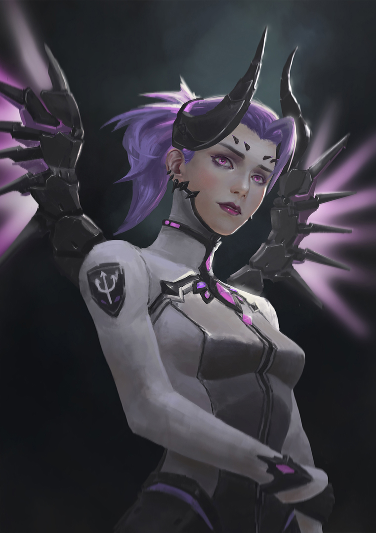 1girl alternate_costume black_gloves boboj bodysuit breasts dark_persona demon_horns emblem eyeliner eyeshadow facial_mark faulds forehead_mark gloves glowing glowing_wings grey_background hand_on_own_arm high_ponytail horns imp_mercy lips lipstick looking_at_viewer makeup mechanical_wings medium_breasts mercy_(overwatch) nose overwatch parted_lips patch purple_hair purple_lipstick purple_wings realistic solo spread_wings upper_body violet_eyes wings