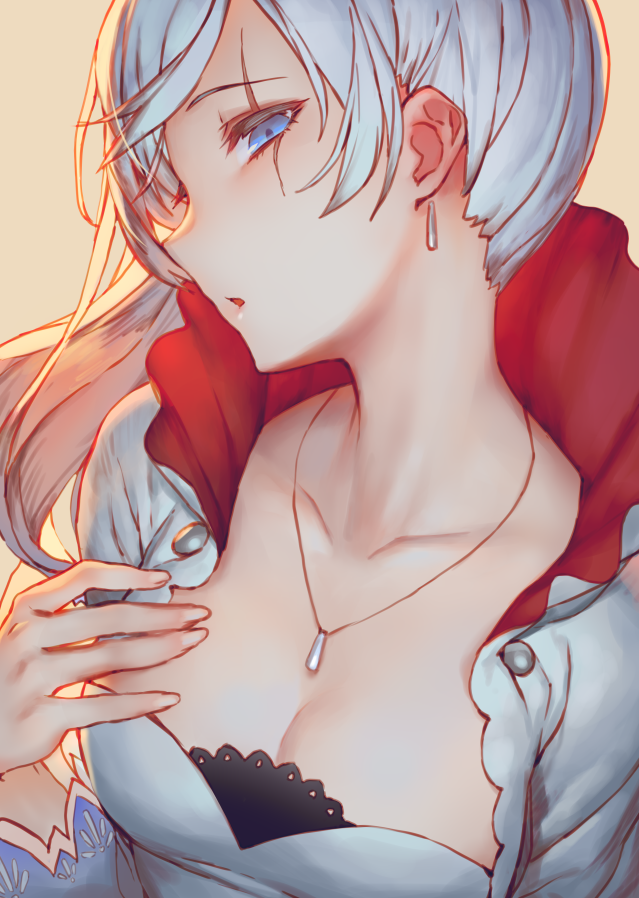 1girl :o beige_background blue_eyes breasts cleavage collarbone commentary_request earrings facial_scar hand_on_own_chest head_tilt izumi_sai jewelry long_hair long_sleeves necklace open_mouth parted_lips profile rwby scar scar_across_eye side_ponytail silver_hair simple_background small_breasts solo upper_body weiss_schnee