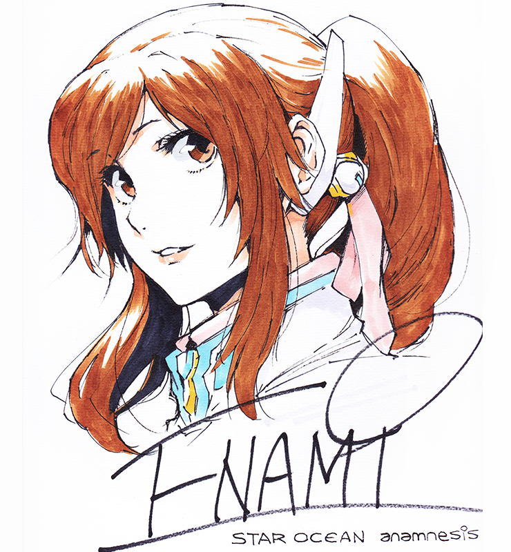 1girl artist_name brown_eyes brown_hair copyright_name enami_katsumi marker_(medium) official_art parted_lips ponytail portrait saionji_reimi solo star_ocean star_ocean_anamnesis star_ocean_the_last_hope traditional_media