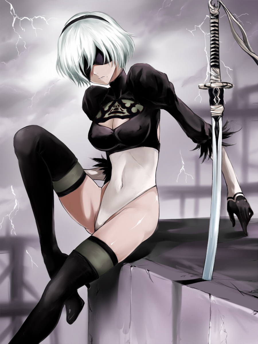1girl blindfold breasts cleavage cleavage_cutout covered_navel erect_nipples fengya groin katana leotard lightning mole mole_under_mouth nier_(series) nier_automata planted_sword planted_weapon short_hair skindentation solo sword thigh-highs thighs weapon white_background yorha_no._2_type_b