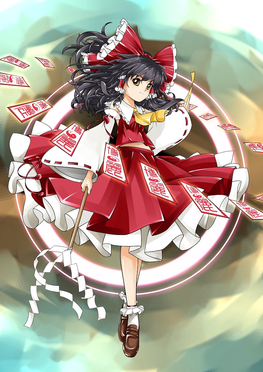 1girl abstract_background ascot black_hair bobby_socks bow brown_eyes cai-man detached_sleeves frilled_bow frilled_skirt frills gohei hair_bow hair_tubes hakurei_reimu highres homing_seals huge_bow japanese_clothes legs_crossed loafers looking_at_viewer magic miko paper_seals red_bow ribbon-trimmed_sleeves ribbon_trim seal_script shide shoes skirt socks solo tassel touhou watson_cross yellow_ascot yin_yang