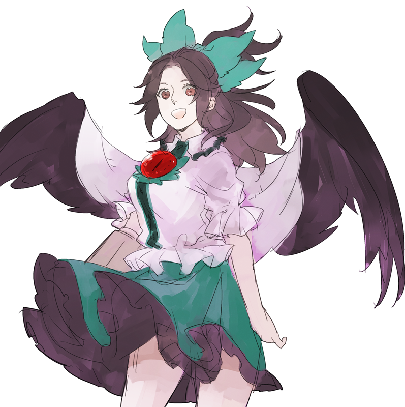 1girl asakura_noi black_hair black_wings brown_eyes feathered_wings hair_ribbon long_hair looking_at_viewer open_mouth red_eyes reiuji_utsuho ribbon skirt smile solo third_eye touhou white_background wings