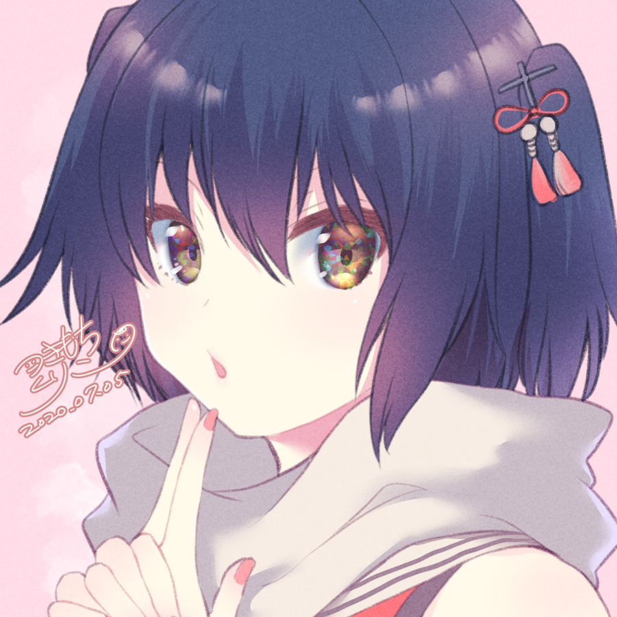 1girl bangs bare_shoulders black_hair brown_eyes commentary_request dated eyebrows_visible_through_hair hair_between_eyes hair_ornament hands_up kantai_collection kuji-in looking_at_viewer nail_polish orange_shirt parted_lips pink_background red_nails sailor_collar scarf sendai_(kantai_collection) shirt signature sleeveless sleeveless_shirt solo tsukimochikuriko_(tsukimochi_k) two_side_up upper_body white_sailor_collar white_scarf