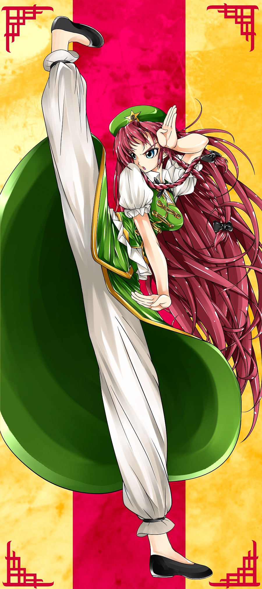 1girl beret black_bow blue_eyes bow braid cai-man chinese_border fighting_stance green_jacket green_skirt hair_bow hat high_kick highres hong_meiling jacket kicking long_hair long_skirt pants parachute_pants redhead short skirt slippers solo touhou twin_braids very_long_hair