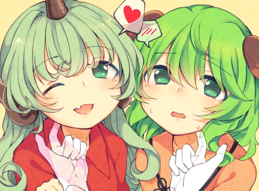 2girls animal_ears bangs commentary_request eyebrows_visible_through_hair fang gloves green_eyes green_hair heart horn kasodani_kyouko komano_aun long_hair multiple_girls one_eye_closed open_mouth red_shirt scratching shirt simple_background smile spoken_blush spoken_heart sweatdrop tama_(soon32281) tareme touhou upper_body wavy_hair white_gloves yellow_background