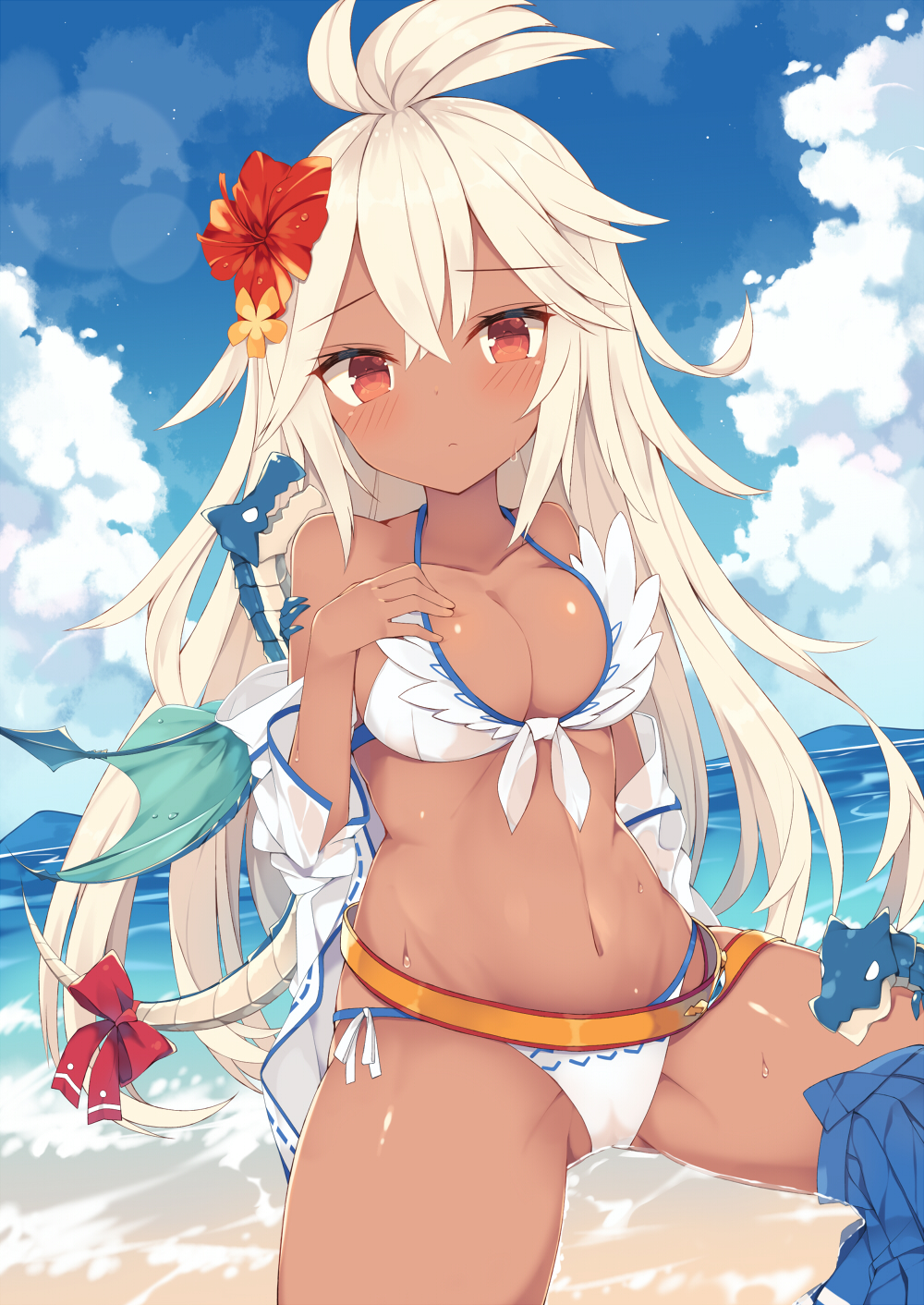 1girl ahoge bare_shoulders beach bikini blue_sky blush bow breasts clouds dark_skin day dragon flower front-tie_bikini front-tie_top granblue_fantasy hair_between_eyes hair_flower hair_ornament highres jacket large_breasts long_hair looking_at_viewer navel nibiiro_shizuka ocean off_shoulder outdoors red_eyes ribbon sitting sky solo spread_legs swimsuit tail tail_bow tail_ribbon the_order_grande water white_bikini white_hair