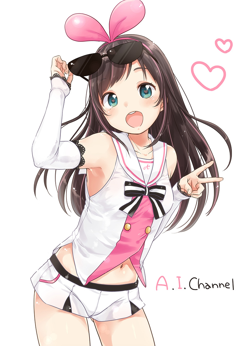 1girl :d a.i._channel arm_up arm_warmers bangs blue_eyes bow brown_hair contrapposto copyright_name cowboy_shot eyebrows_visible_through_hair hair_bow hairband hand_up heart kizuna_ai long_hair looking_at_viewer multicolored_hair navel open_mouth pink_bow pink_hair round_teeth short_shorts shorts simple_background smile solo streaked_hair sunglasses sunglasses_on_head swept_bangs tareme teeth thighs v white_background yukiu_kon