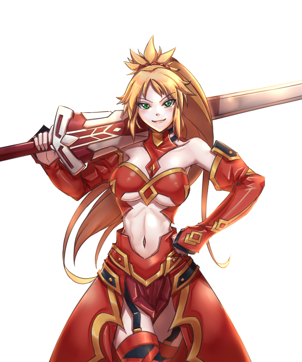 &gt;:) armor armored_dress bare_shoulders blonde_hair breasts clarent cleavage contrapposto detached_sleeves fate/apocrypha fate_(series) garter_straps green_eyes hand_on_hip highres leebigtree long_hair medium_breasts navel older over_shoulder ponytail saber_of_red smirk sword sword_over_shoulder thigh-highs thighs under_boob underboob_cutout weapon weapon_over_shoulder white_background