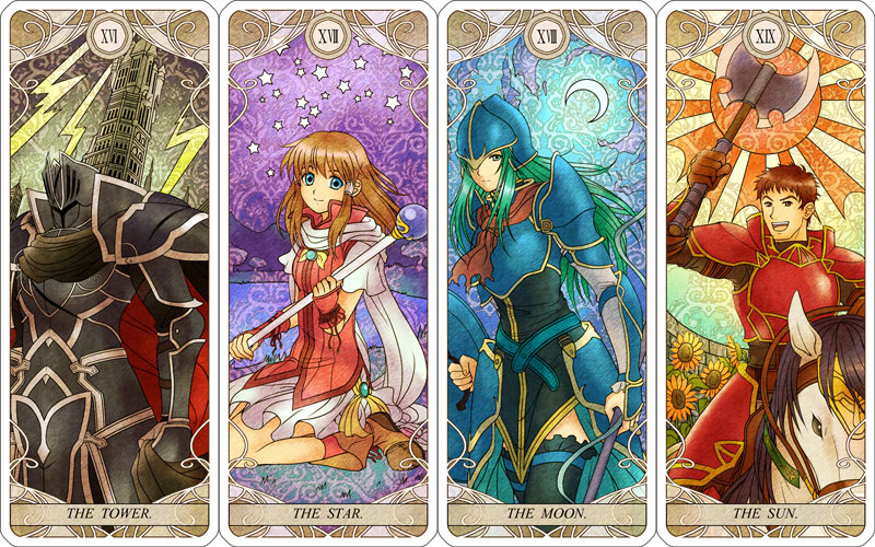 2boys 2girls :d arm_up armor axe black_knight black_legwear blue_eyes boots boyd breastplate brown_boots brown_eyes brown_gloves brown_hair fire_emblem fire_emblem:_akatsuki_no_megami full_armor gloves green_eyes green_hair helmet holding holding_shield holding_staff holding_weapon horse long_hair looking_at_viewer miniskirt mist_(fire_emblem) multiple_boys multiple_girls nemupon_(goodlucky) nephenee open_mouth polearm red_legwear riding shield short_hair sitting skirt smile spaulders spear staff the_moon the_star the_sun the_tower thigh-highs very_short_hair weapon white_skirt