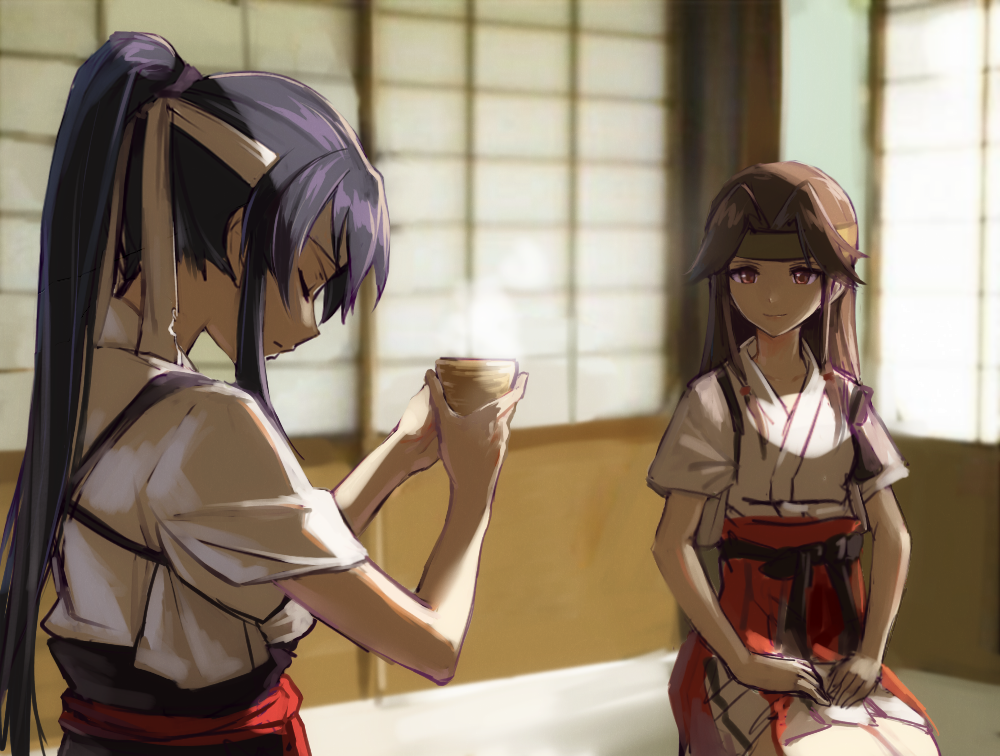 2girls alternate_costume black_hair brown_eyes brown_hair closed_eyes commentary_request forehead_protector hachimaki hair_intakes half_updo headband indoors japanese_clothes jintsuu_(kantai_collection) kantai_collection kisetsu long_hair looking_at_another multiple_girls ponytail remodel_(kantai_collection) seiza sitting sliding_doors yahagi_(kantai_collection)