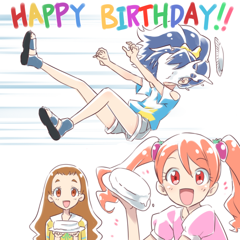 3girls :d arisugawa_himari blue_hair blue_shirt brown_hair food food_themed_hair_ornament hair_ornament happy happy_birthday in_the_face kirakira_precure_a_la_mode long_hair looking_at_viewer multiple_girls open_mouth paper_plate pie pie_in_face precure red_eyes redhead shirt shorts skirt smile tategami_aoi thrown_food usami_ichika yuto_(dialique)